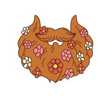 Cartoon retro groovy hippie beard with flowers, vector