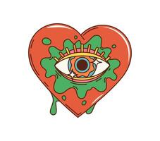Cartoon retro groovy hippie love heart with eye vector