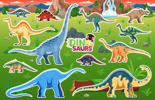 Dinosaur stickers, funny dino and Jurassic lizards vector