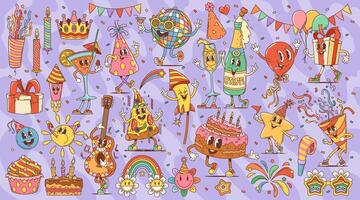 Retro groovy birthday party hippie characters vector