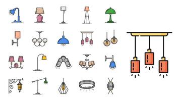 Lamp color line icons, lantern, candle, chandelier vector