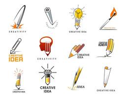 Creative idea icons with pencil, light bulb, brain vector