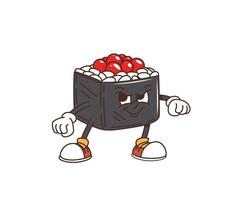 Cartoon retro groovy sushi roll funny character vector