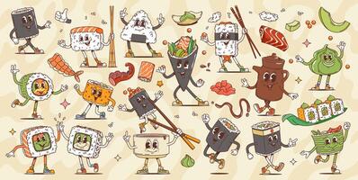 Retro groovy japanese sushi and roll characters vector