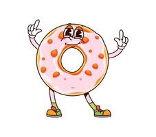 Groovy donut cartoon character with pink glaze vector