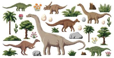8 bit pixel art prehistoric dinosaurs, game assets vector