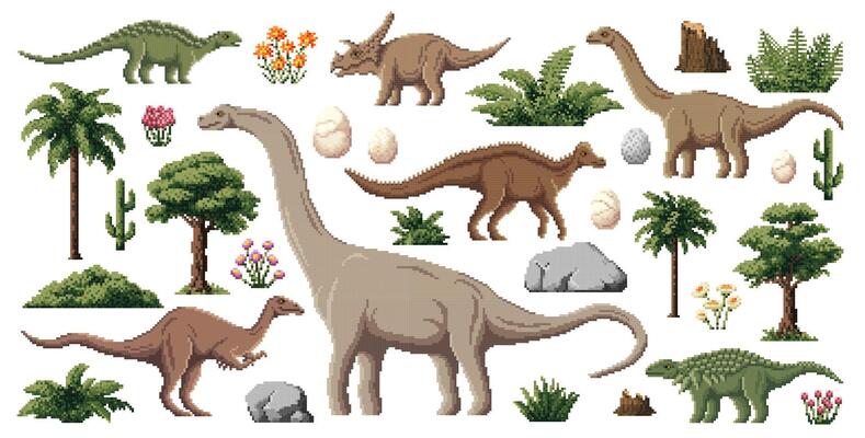 8 bit pixel art prehistoric dinosaurs, game assets