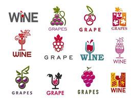 Grape wine and glass icons, winery and vineyard vector