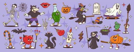 Groovy Halloween characters retro cartoon monsters vector