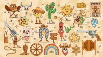 Cartoon Wild West retro groovy Western characters vector