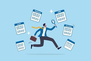 Job seeker, searching for new job, finding new work opportunity, discover vacancy, employment or human resource recruitment, hiring interview concept, businessman with magnifying glass finding job. vector