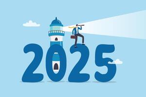 New year 2025 business outlook, planning or strategy to success, vision or forecast, year begin anticipation, improvement or progress concept, businessman on year number 2025 look through telescope. vector