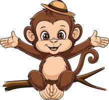 Baby monkey cartoon sitting on a tree branch illustration, monkey art. Ai generate vector