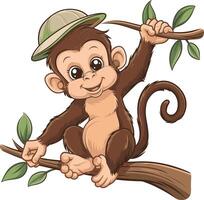 Baby monkey cartoon sitting on a tree branch illustration, monkey art. Ai generate vector