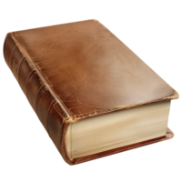 A vintage, leather-bound book with aged pages, closed and lying on its side. The cover is worn and has a distressed look. png