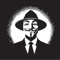 Monochrome illustration of a mysterious figure wearing a Guy Fawkes mask and a suit with a hat, set against a circular backdrop, representing anonymity and secrecy vector