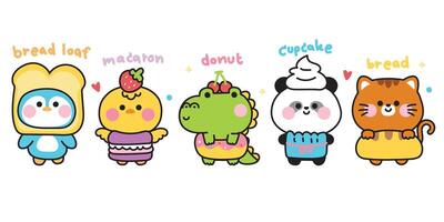 Set of cute animals in bakery costume with text.Cartoon character design.Penguin,crocodile,chicken,panda bear,cat hand drawn.Bread loaf.Macaron.Donut.Cupcake.Kawaii.Illustration. vector