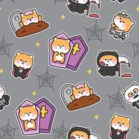 Happy halloween.Seamless pattern of cute shiba inu dog in various poses with spider web background.Devil,zombies,dracula hand drawn.Animal cartoon.Kawaii. vector