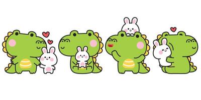 Set of cute crocodile with rabbit in various poses.Friendship.Love.Reptile and rodent animal.Character cartoon design.Kawaii.Illustration. vector