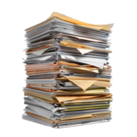 A tall stack of assorted documents and papers, conveying the theme of organization and paperwork management in an office setting. png