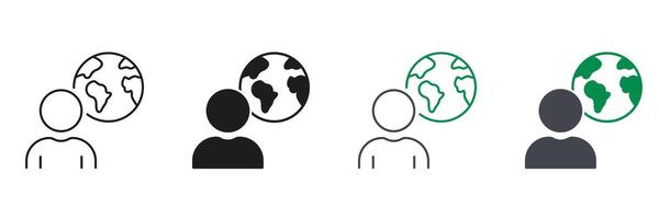 Globe and Person Line and Silhouette Icon Set. Global Business Concept. Worldwide Communication Pictogram. Partnership Sign. Editable Stroke. Isolated Illustration vector