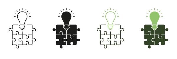 Problem Solving, Business Innovation Icon. Jigsaw with Light Bulb Line and Silhouette Icon Set. Puzzle and Lightbulb, Creative Solution Concept Symbol. Editable Stroke. Isolated Illustration vector
