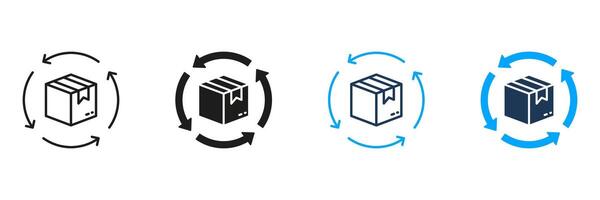 Return Parcel Line and Silhouette Icon Set. Delivery Box with Circle Arrows Icon. Shipping Order Package Symbol. Refund Cardboard Packaging Sign. Editable Stroke. Isolated Illustration vector
