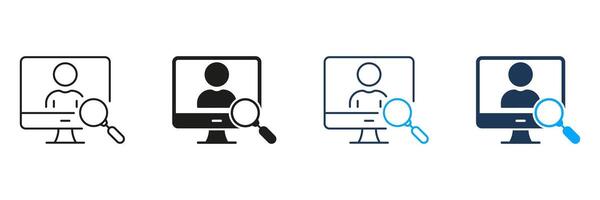 HR Research in Computer Line and Silhouette Icon Set.. Employee Candidate, Job Recruitment, Work Opportunity Symbol. Human Resources Icon. Editable Stroke. Isolated Illustration vector