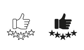 Best Quality Symbol. Review Sign. Thumb Up With Five Stars Line and Silhouette Icon Set. Customer Satisfaction Pictogram. Positive Feedback. Editable Stroke. Isolated Illustration vector