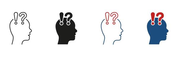 Human Head with Question Mark and Exclamation Point Line and Silhouette Icon Set. Person Face in Profile View Doubt and Curious Pictogram. Editable Stroke. Isolated Illustration vector