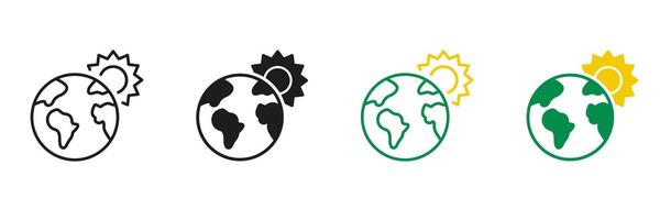Globe and Sun Line and Silhouette Icon Set. Global Warming Concept. Environmental Eco Solar Energy Symbol. Editable Stroke. Isolated Illustration vector