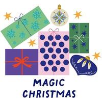 Christmas and New Year big pile of colorful wrapped gift boxes. Collection of gift present. Happy holiday seasonal illustrations in retro flat style. Attributes of the winter holiday vector