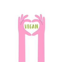 Happy world vegan day celebration. Colorful hand drawn illustration in flat style. Vegan poster design. Vegan cafe print. Pink hand drawn hands in different gestures. No animal testing concept vector