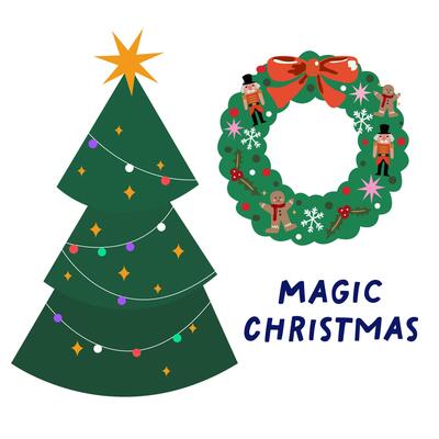 Retro Christmas door wreath and Christmas tree. Fir branch circles with Xmas decor. Winter holiday elements, stuff bundle. Holly wreath with red bow and various Christmas toys