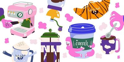 Hot aroma coffee drinks. Retro design elements perfect for cafe menu, coffee shop patches. Coffee maker, beans in kraft paper, paper cup, teapot and snacks for breakfast. Doodle retro icons vector