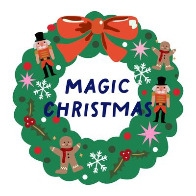 Retro Christmas door wreath and Christmas tree. Fir branch circles with Xmas decor. Winter holiday elements, stuff bundle. Holly wreath with red bow and various Christmas toys