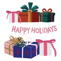 Christmas and New Year big pile of colorful wrapped gift boxes. Collection of gift present. Happy holiday seasonal illustrations in retro flat style. Attributes of the winter holiday vector