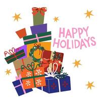 Christmas and New Year big pile of colorful wrapped gift boxes. Collection of gift present. Happy holiday seasonal illustrations in retro flat style. Attributes of the winter holiday vector