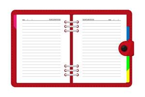 A red leather bound agenda notebook with a red cover and white pages. vector