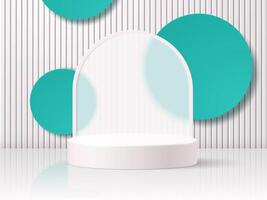 3D realistic empty podium stand on the background of round transparent frosted glass arch and geometric shapes. vector