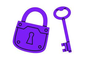 Hand drawn cute cartoon illustration of closed lock and key. Flat protection tool sticker in doodle style. Protection or safety icon or print. Access to account. Security system. Isolated. vector