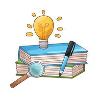 stack of books with pen and magnifying glass vector