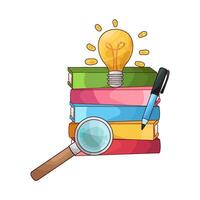 illustration of stack of books with pen and magnifying glass vector
