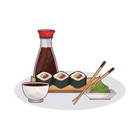 illustration of sushi roll on a wooden plate with soy sauce vector