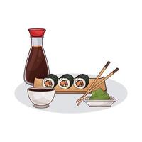 sushi roll on a wooden plate with soy sauce vector