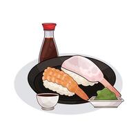 delicious shrimp sushi with soy sauce vector