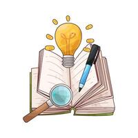 illustration of open book with pen and magnifying glass vector