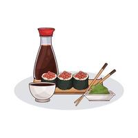 delicious salmon roe sushi with soy sauce vector