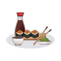 soy sauce and delicious sushi illustration vector