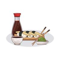 illustration of soy sauce with delicious sushi vector